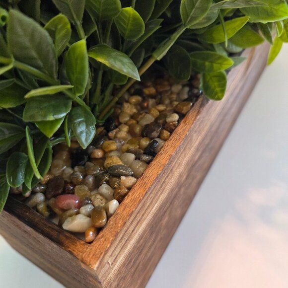 Rustic Faux Greenery in Wooden Planter Box w/Natural Pebble River Rock Detailing - Picture 3 of 11